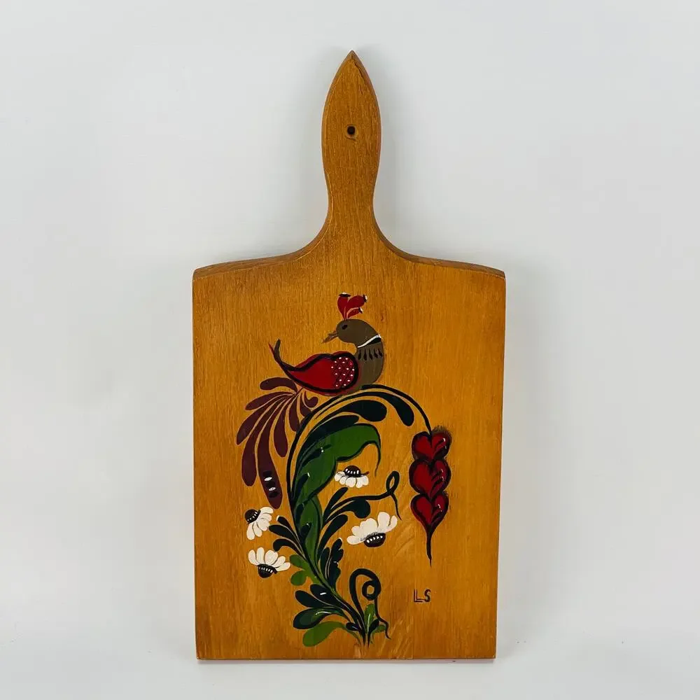 Hand Painted Folk Art Cutting Board Wall Hanging Bird Flowers - Picture 1 of 5